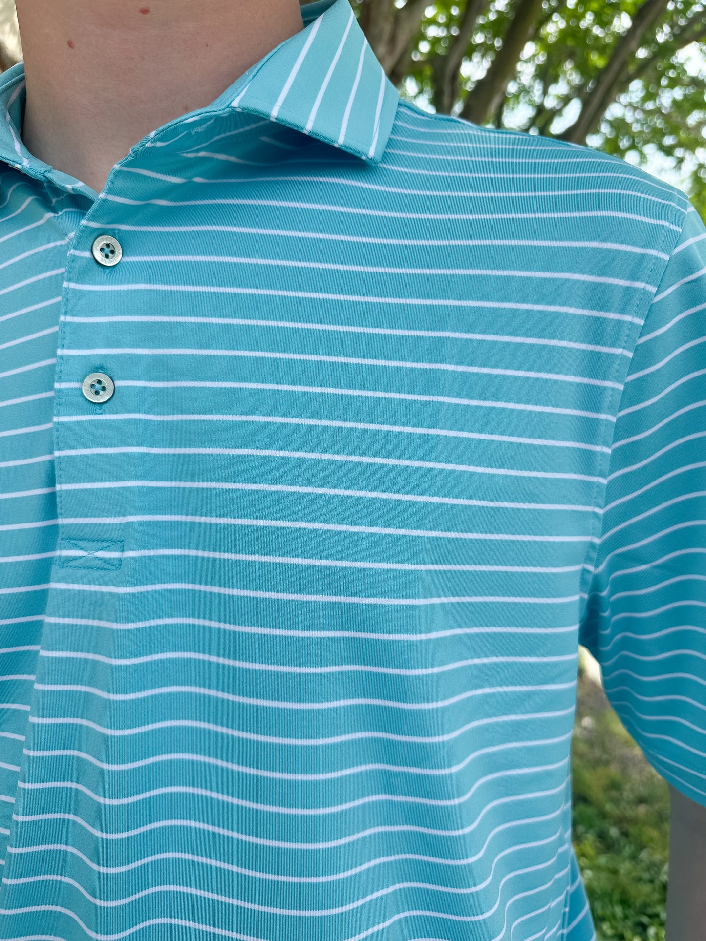 SPC Men’s Horizon Stripe Performance Polo - Coastal Water/White