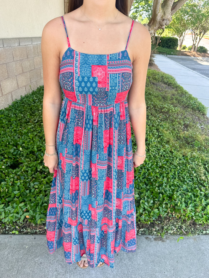 Margie Tiered Dress - Red & Blue