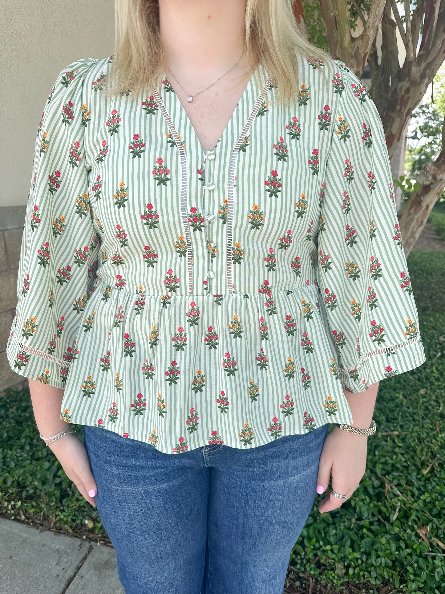 Monroe Top - Cottage Stripes Green