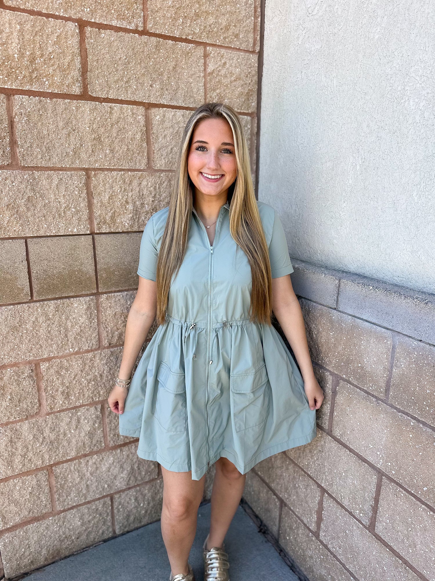 Debby Solid Pocket Cinch Waist Dress S Debby Solid Pocket Cinch Waist Dress S