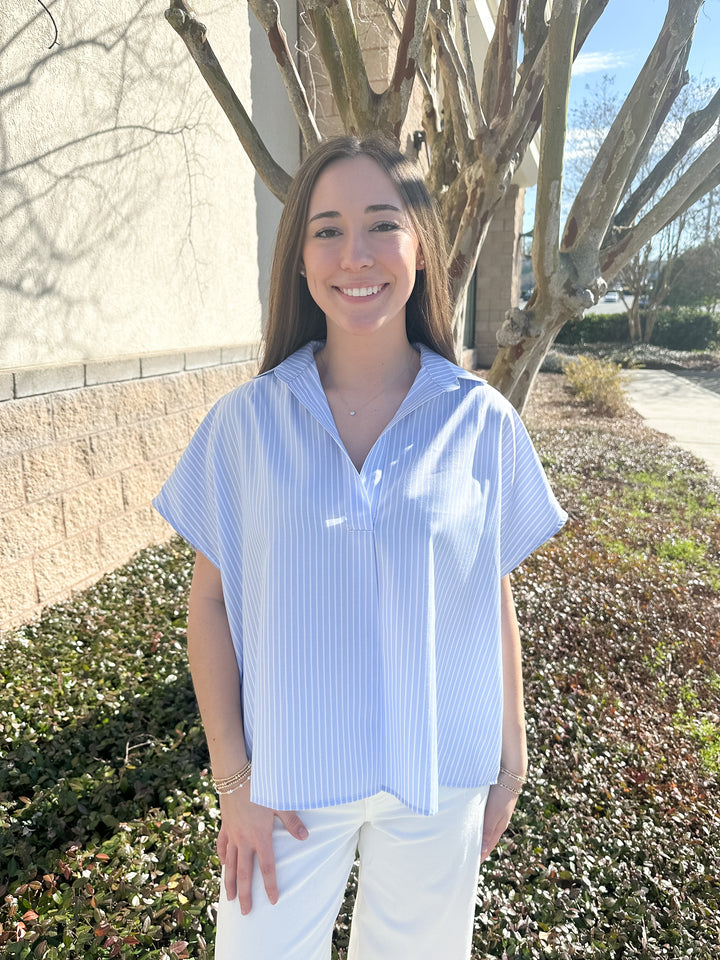 Helen Signature Collar Top - Blue & White Stripe
