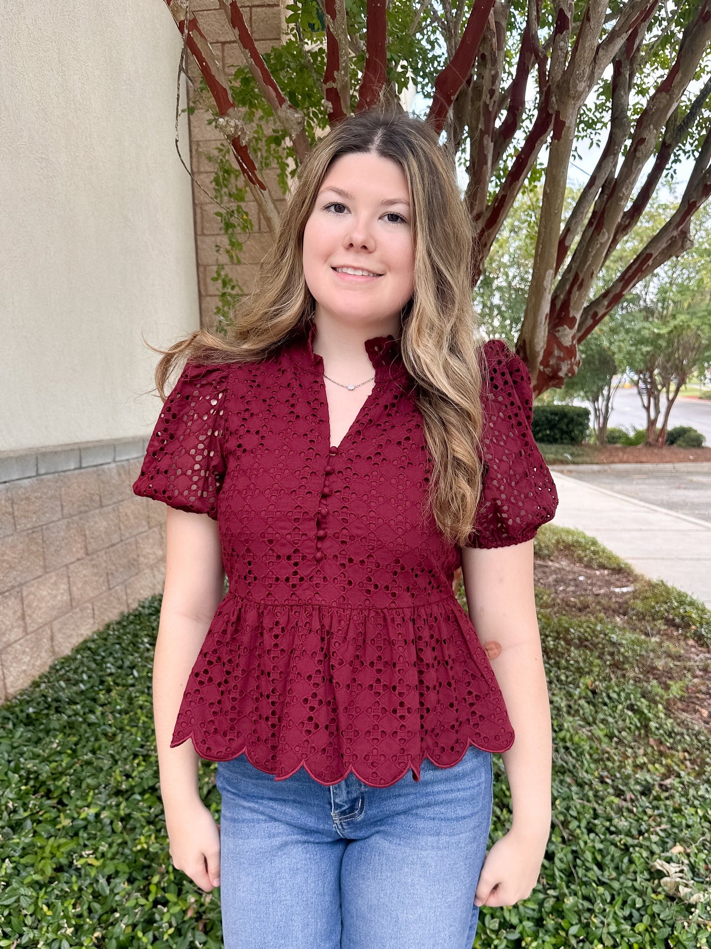 Elise Eyelet Top - Burgundy