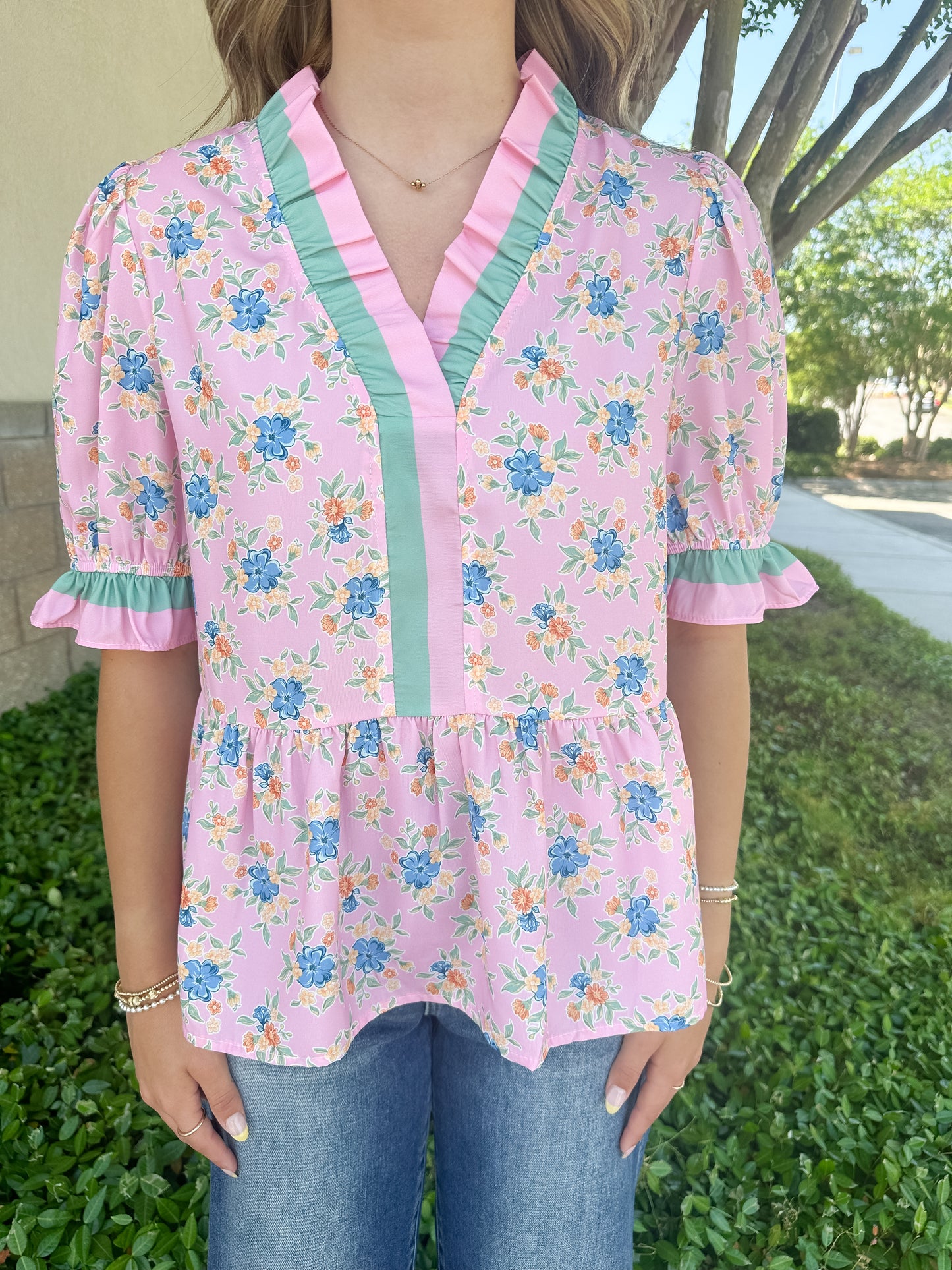 Sweet Puff Top - Pink & Teal