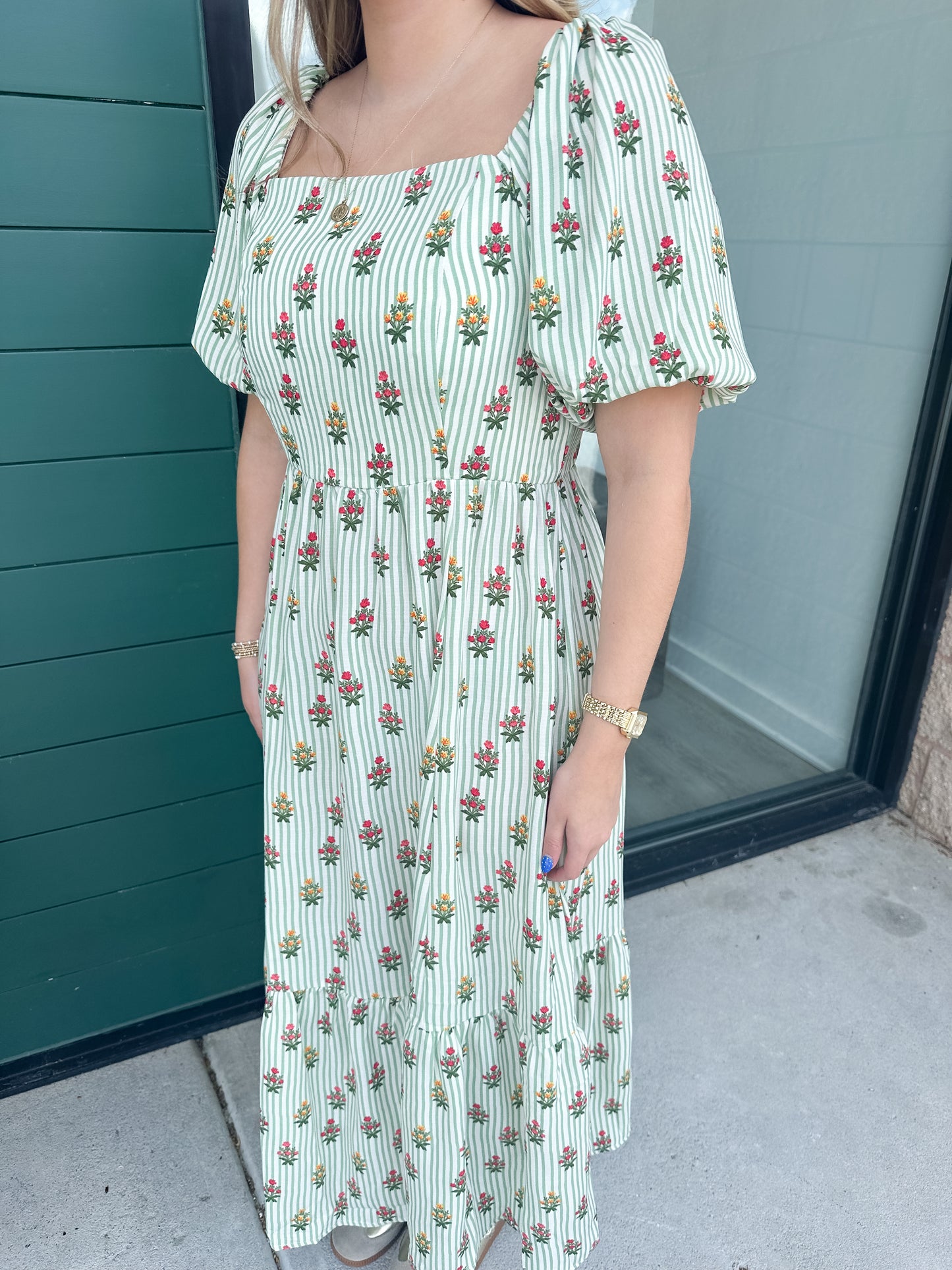 Alexi Dress - Cottage Stripes Green