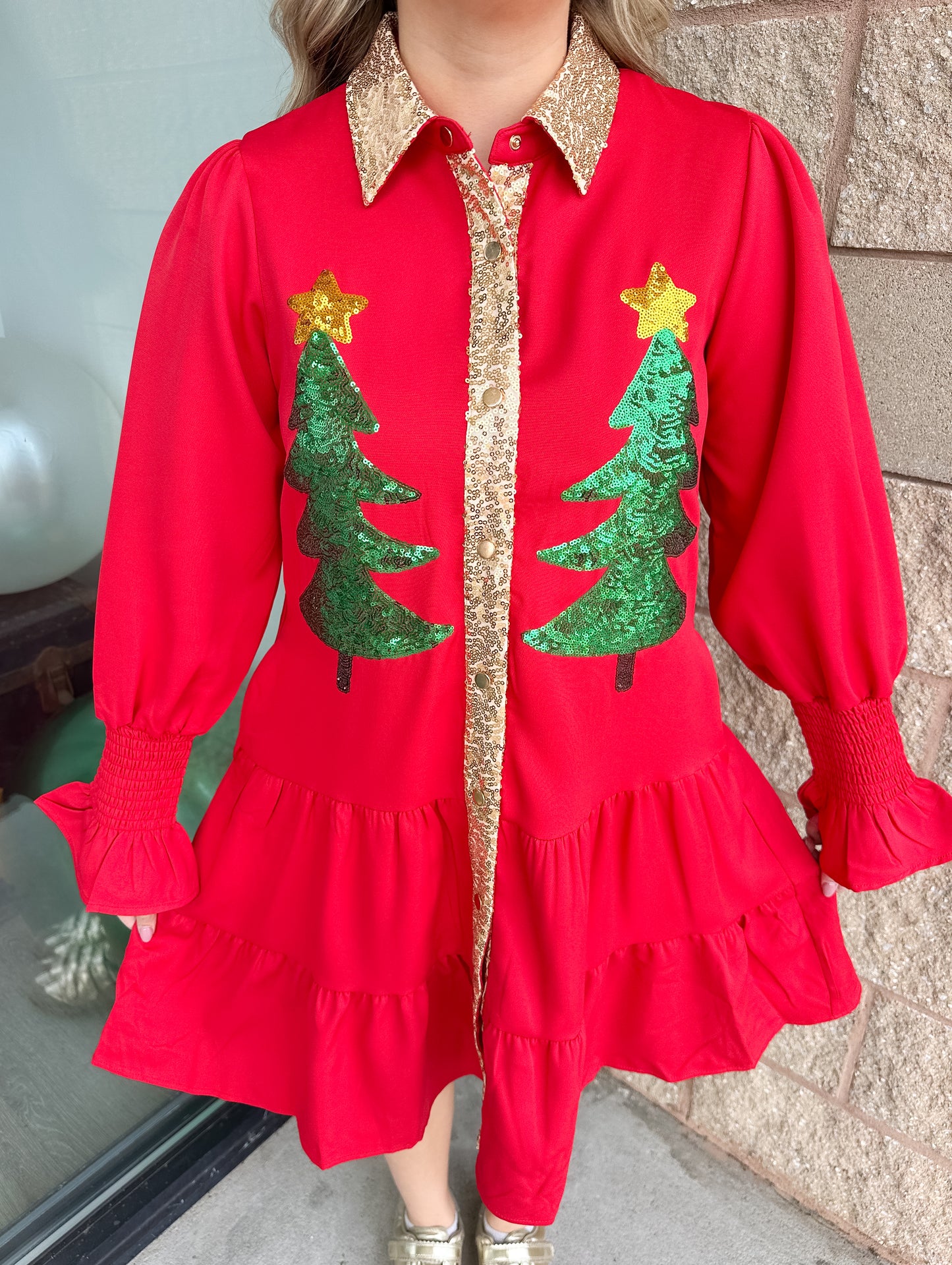 JM Christmas Tree Button Down Dress