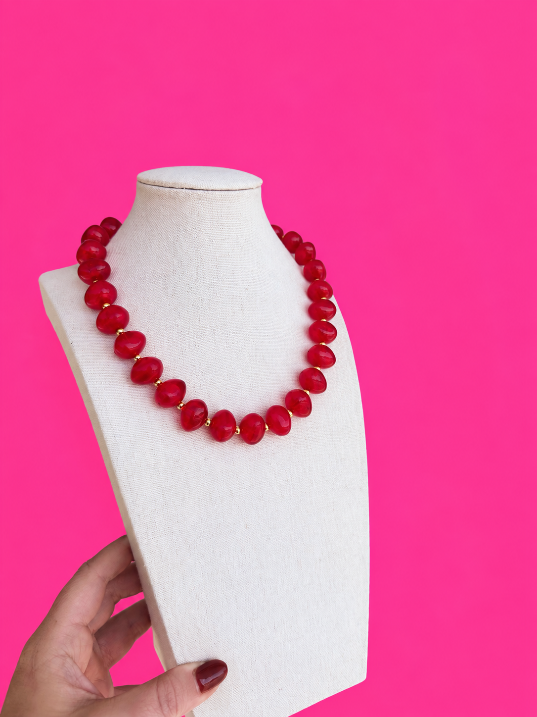 Bauble Bead with Gold Bead Necklace - Bright Red