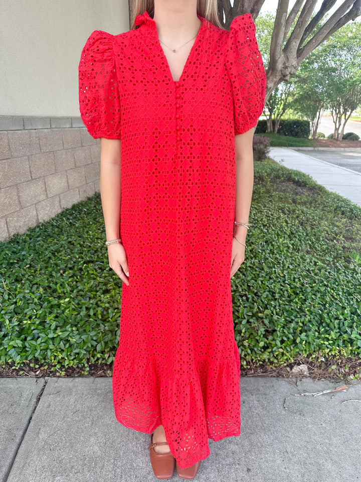 Elise Eyelet Maxi Dress - Red