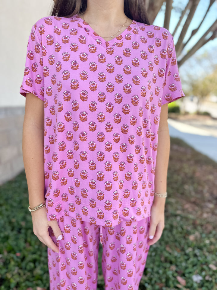Alli Floral Fouland Pajama Pant Set - Pink
