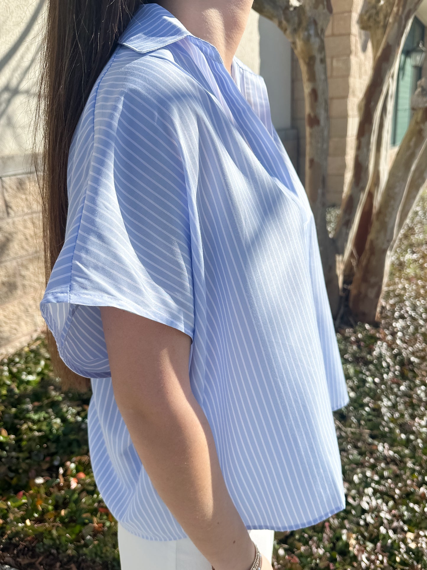 Helen Signature Collar Top - Blue & White Stripe