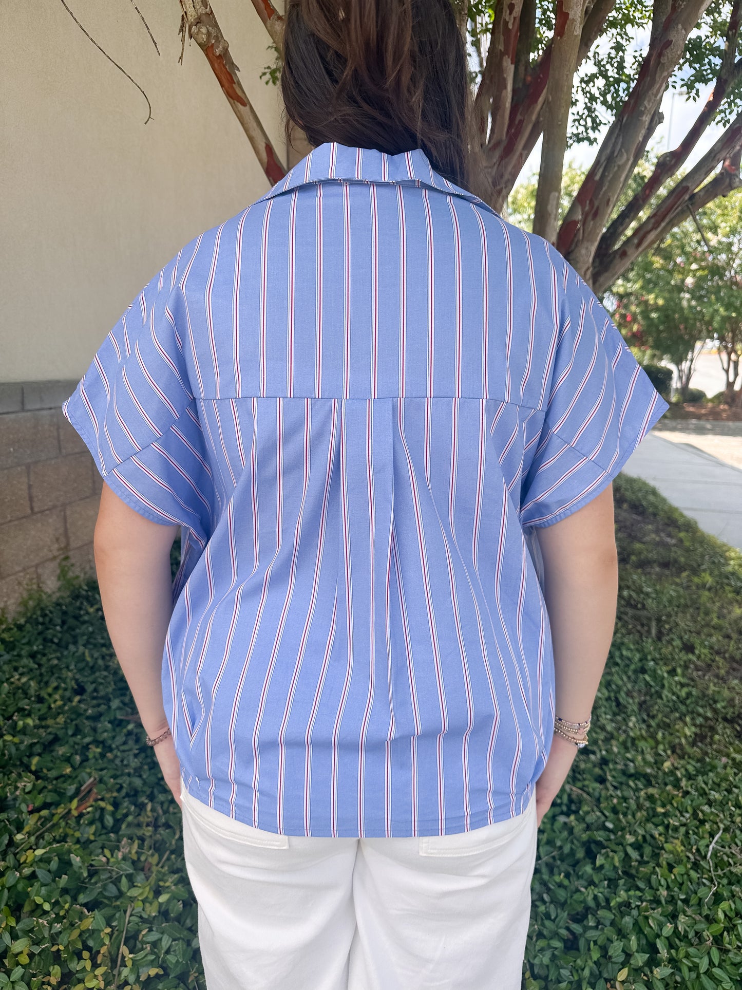 Helen Signature Collar Top - Blue & Red Stripe