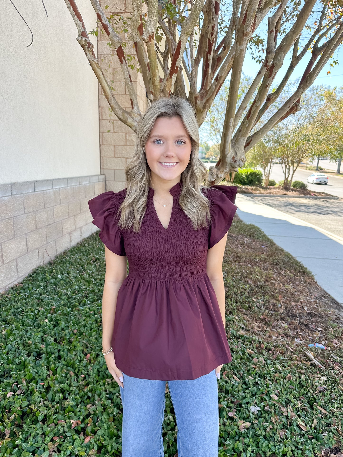 Andy Smocked Top - Wine