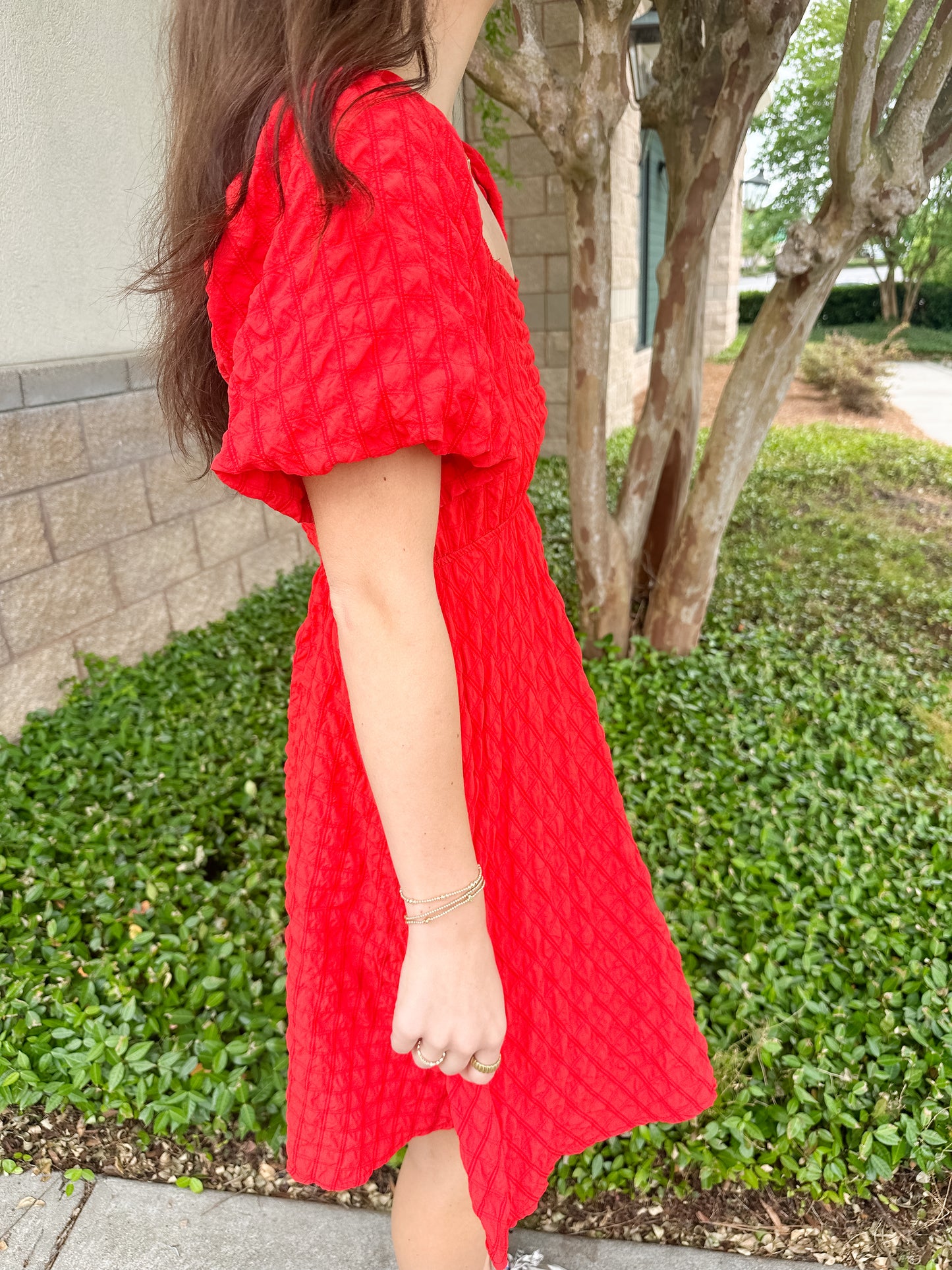 Jude Textured Puff Sleeve Mini Dress - Red