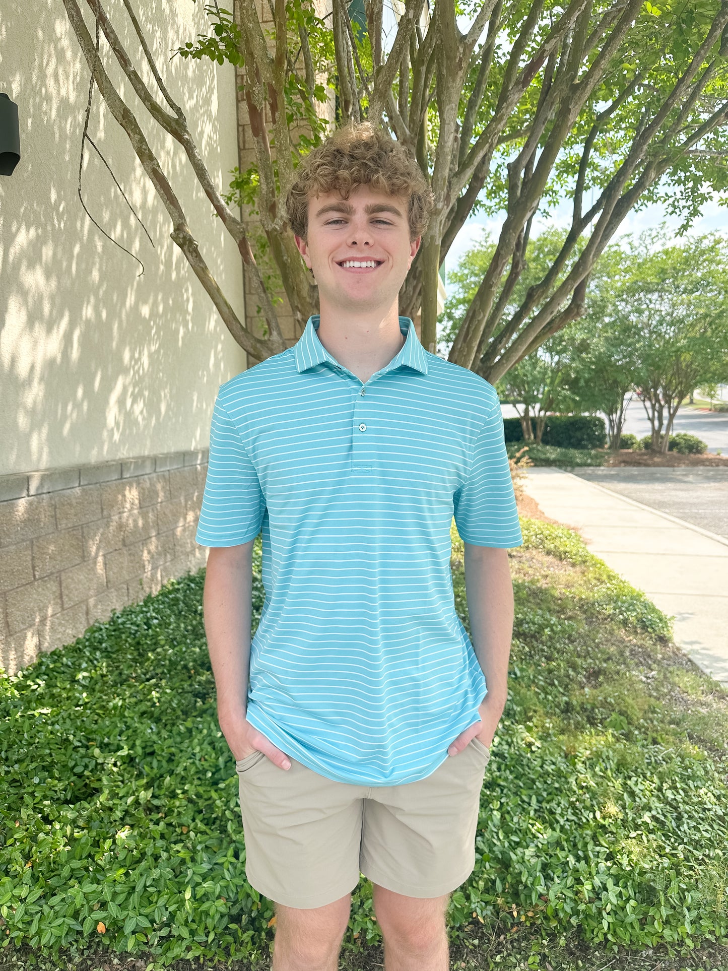 SPC Men’s Horizon Stripe Performance Polo - Coastal Water/White