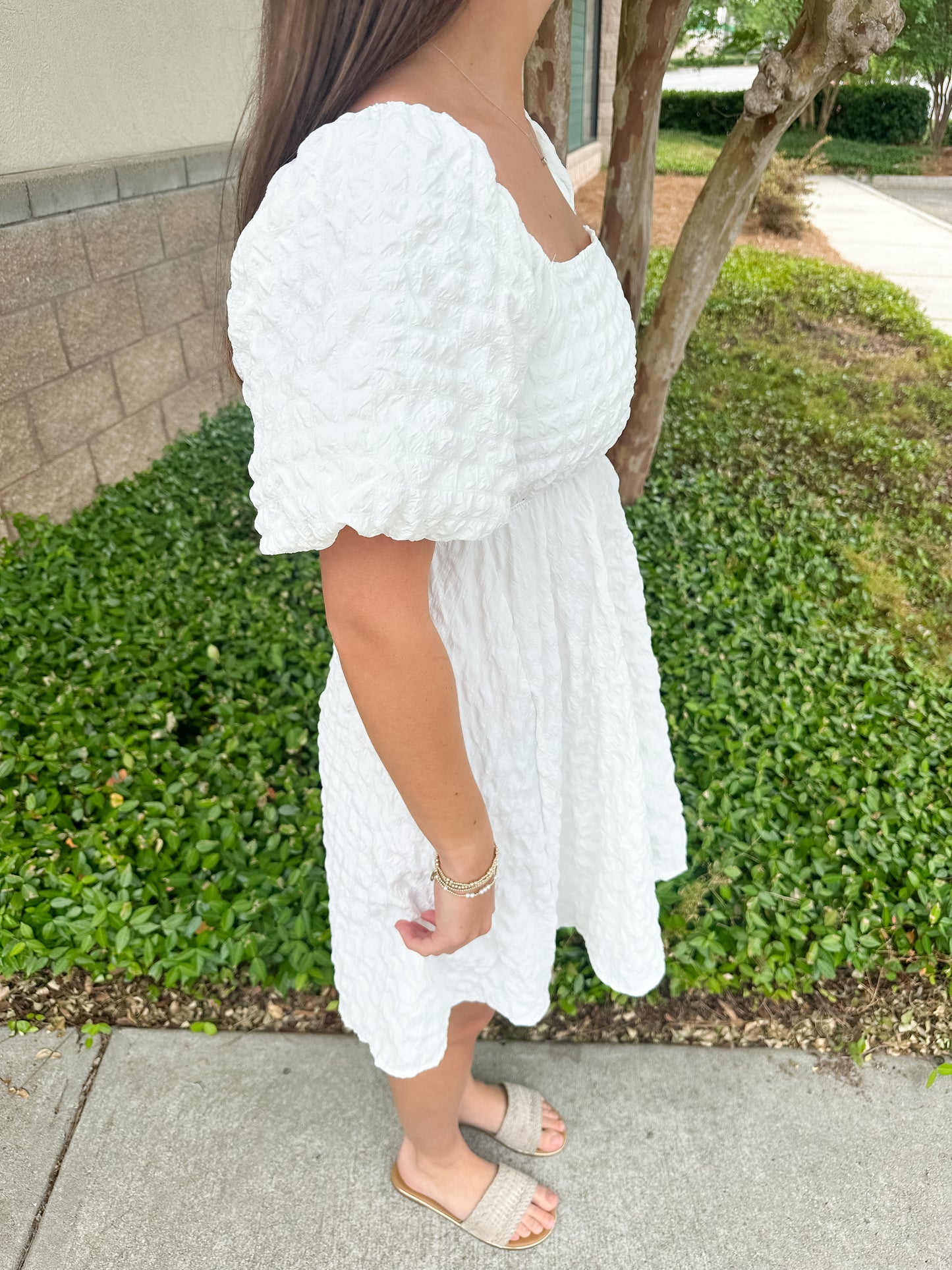 Jude Textured Puff Sleeve Mini Dress - White