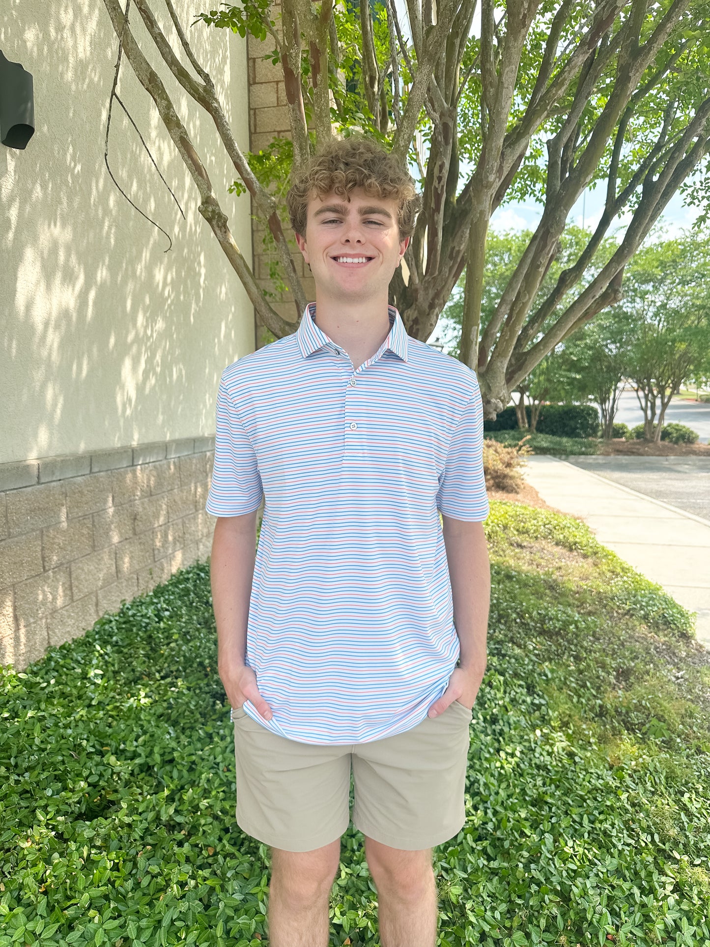 SPC Men’s Bayside Stripe Performance Polo - White/Hawaiian Blue