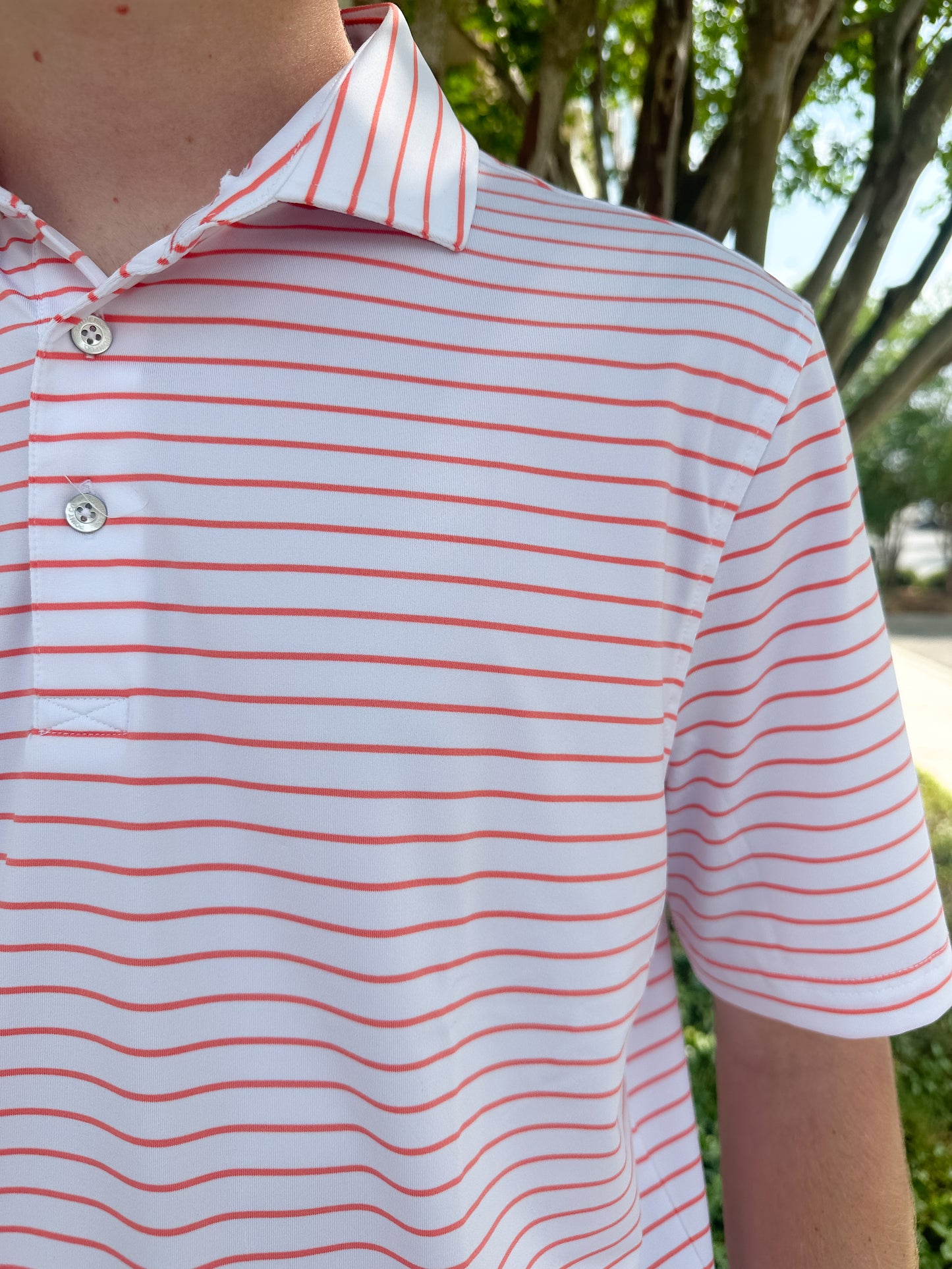 SPC Men’s Horizon Stripe Performance Polo - White/Coral