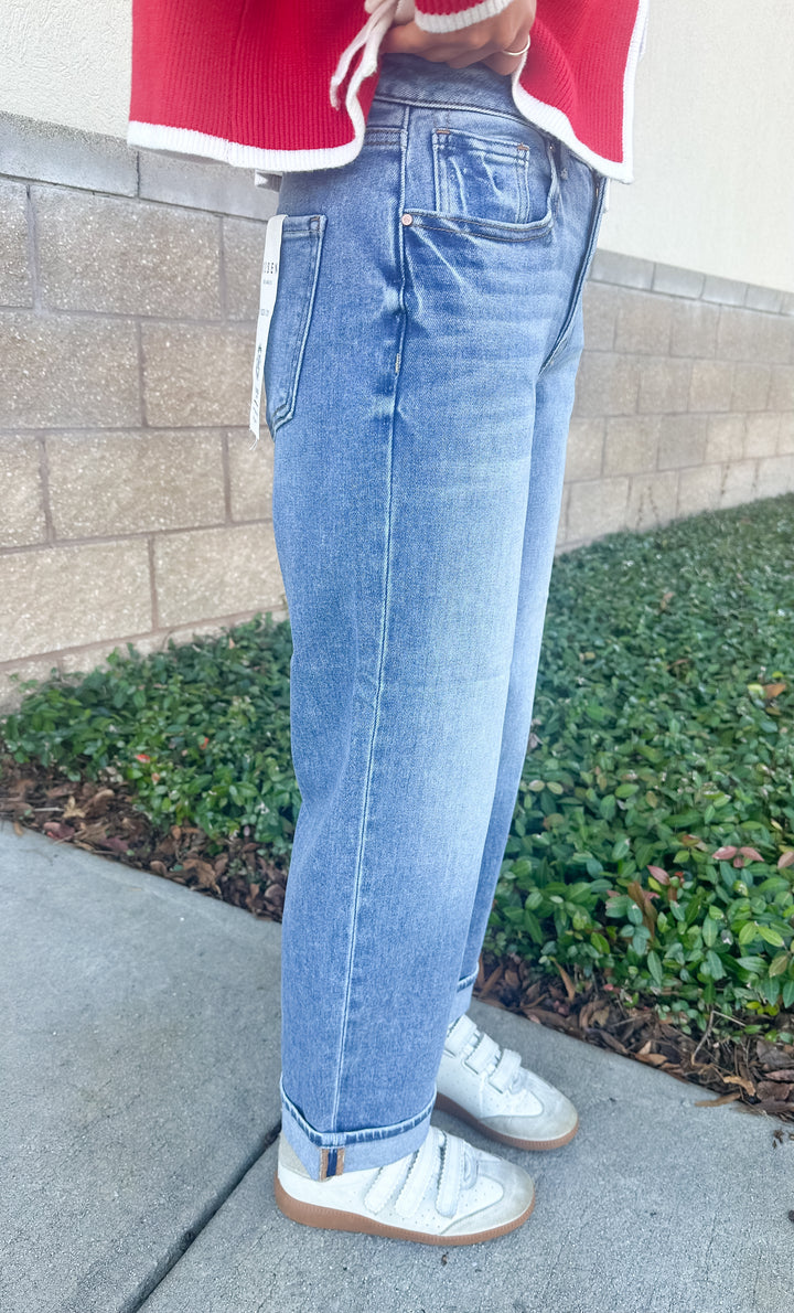 Risen Elise - Mid Rise Medium Wash Ankle Boyfriend Cuffed Jeans