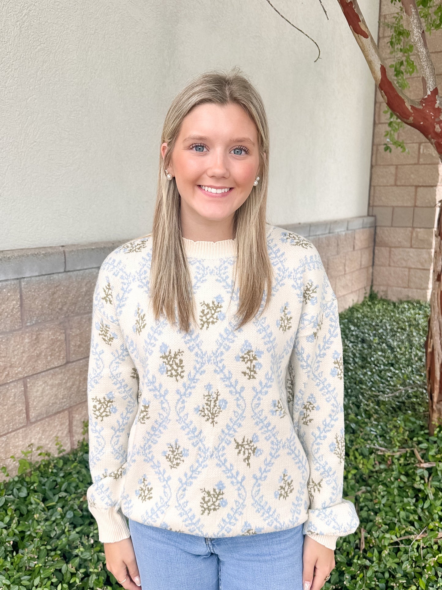 Jacquard Ruffle Knit Sweater