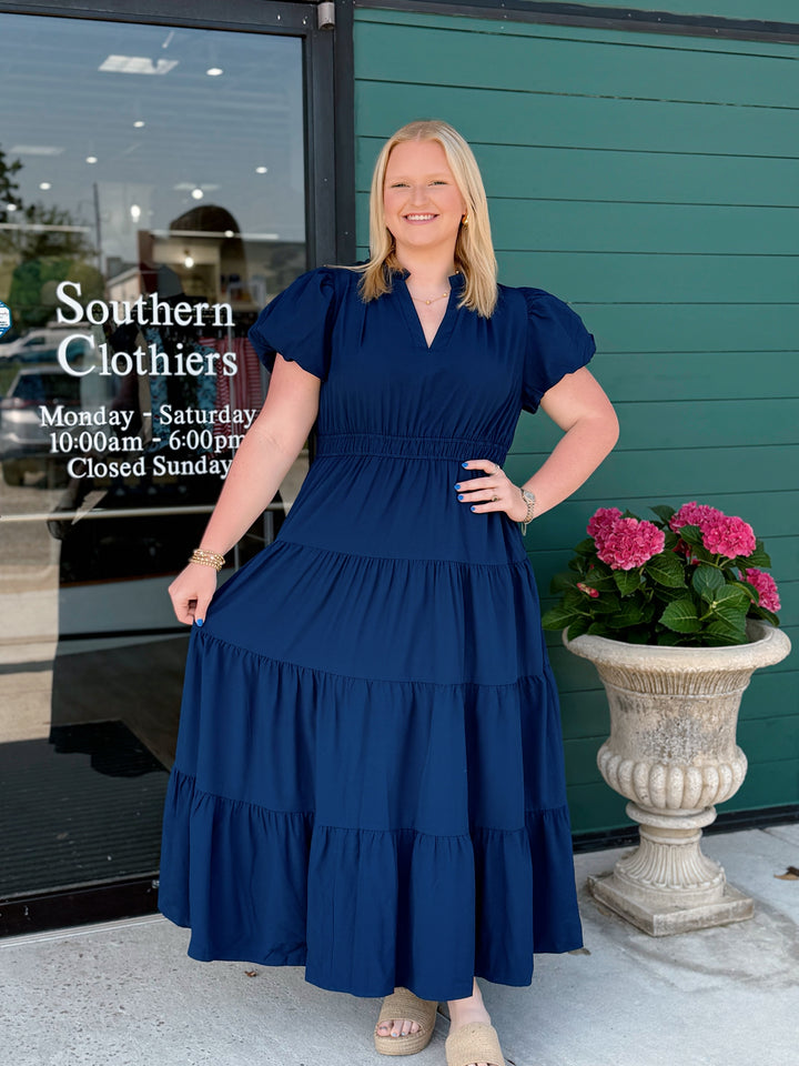 Jade Tiered Puff Sleeve Maxi - Navy Plus