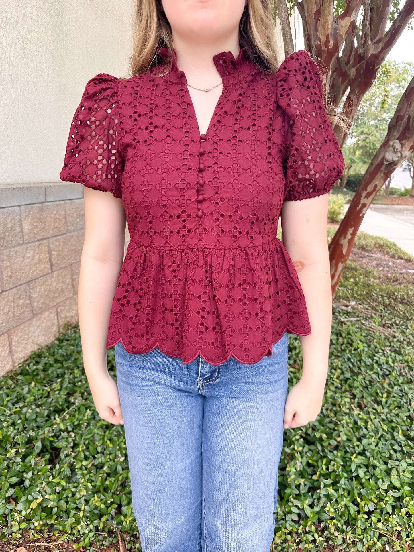 Elise Eyelet Top - Burgundy