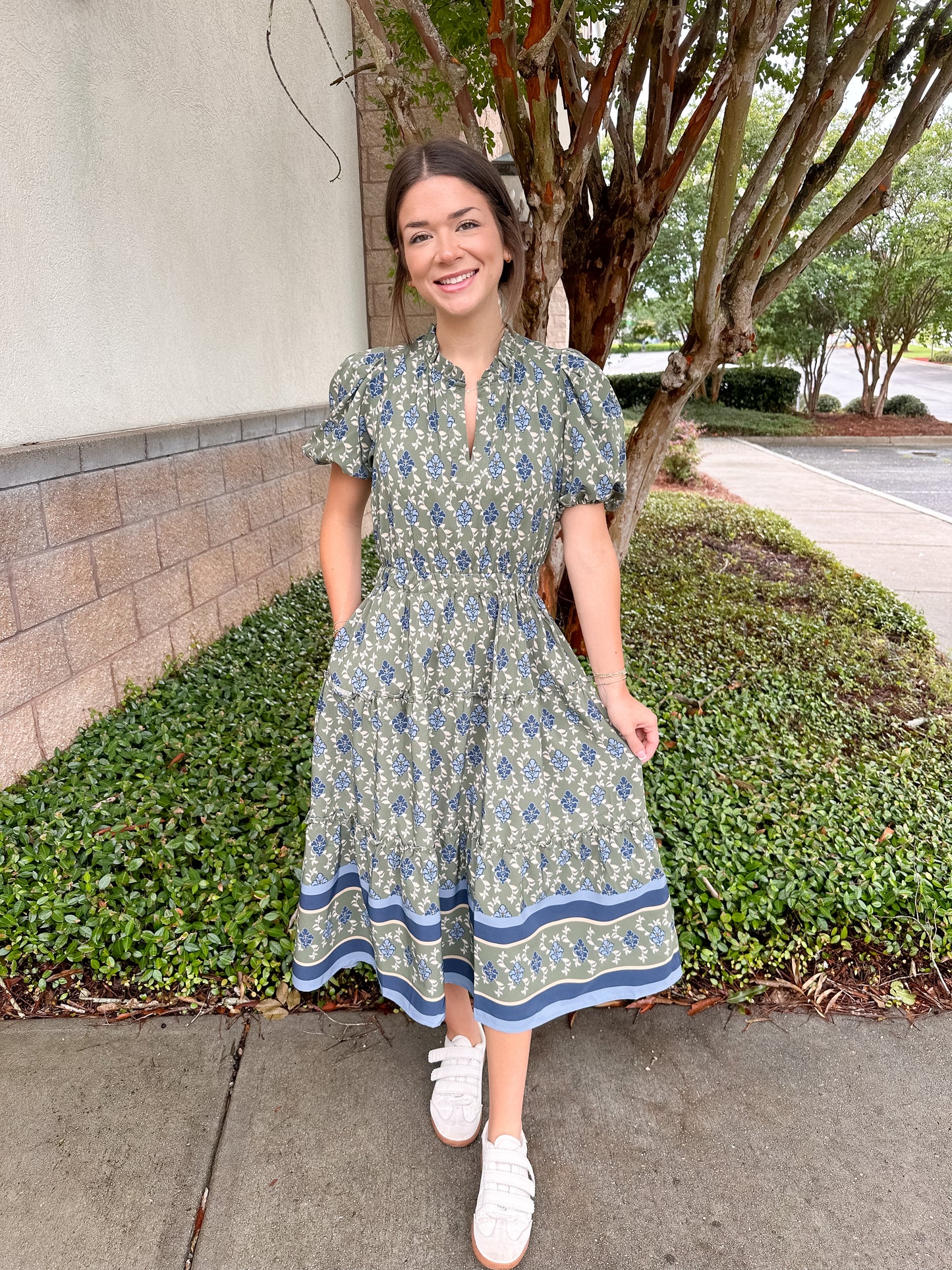 Lainey Midi Dress - Orchid Damask Olive