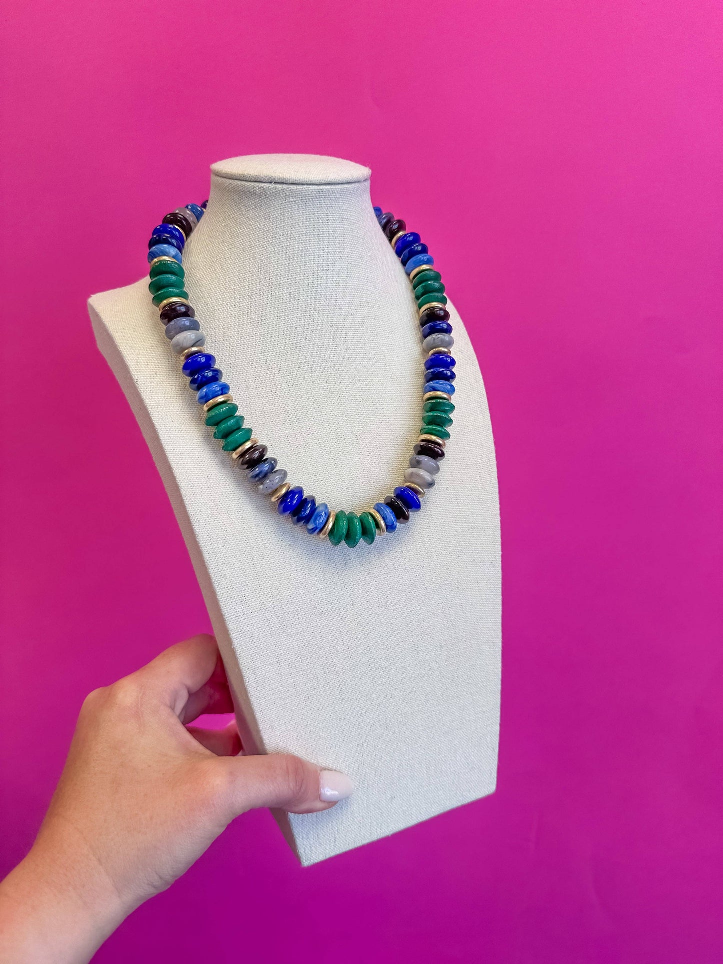 Colorful Chunky Bead with Gold Bead Necklace - Navy