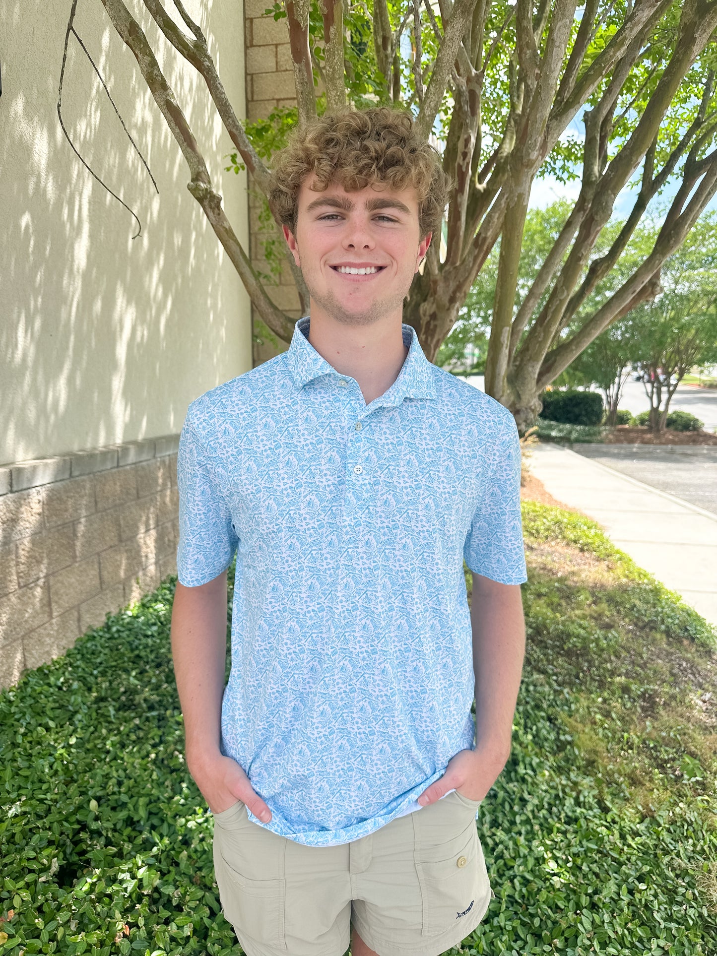 SPC Men’s Pointer Pattern Performance Polo - White/Hawaiian Blue