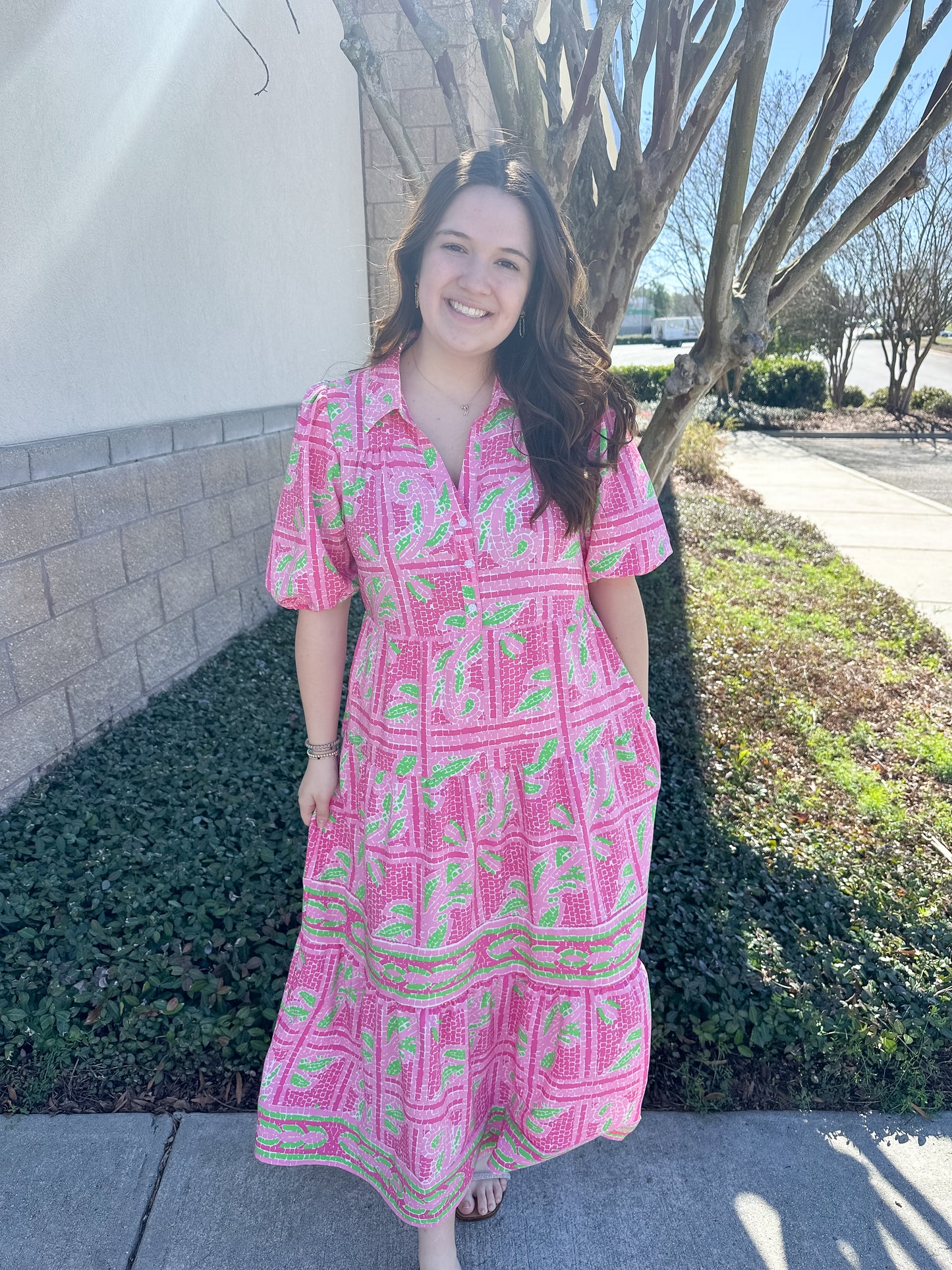 Eloise Dress - Trellis Tiles Pink