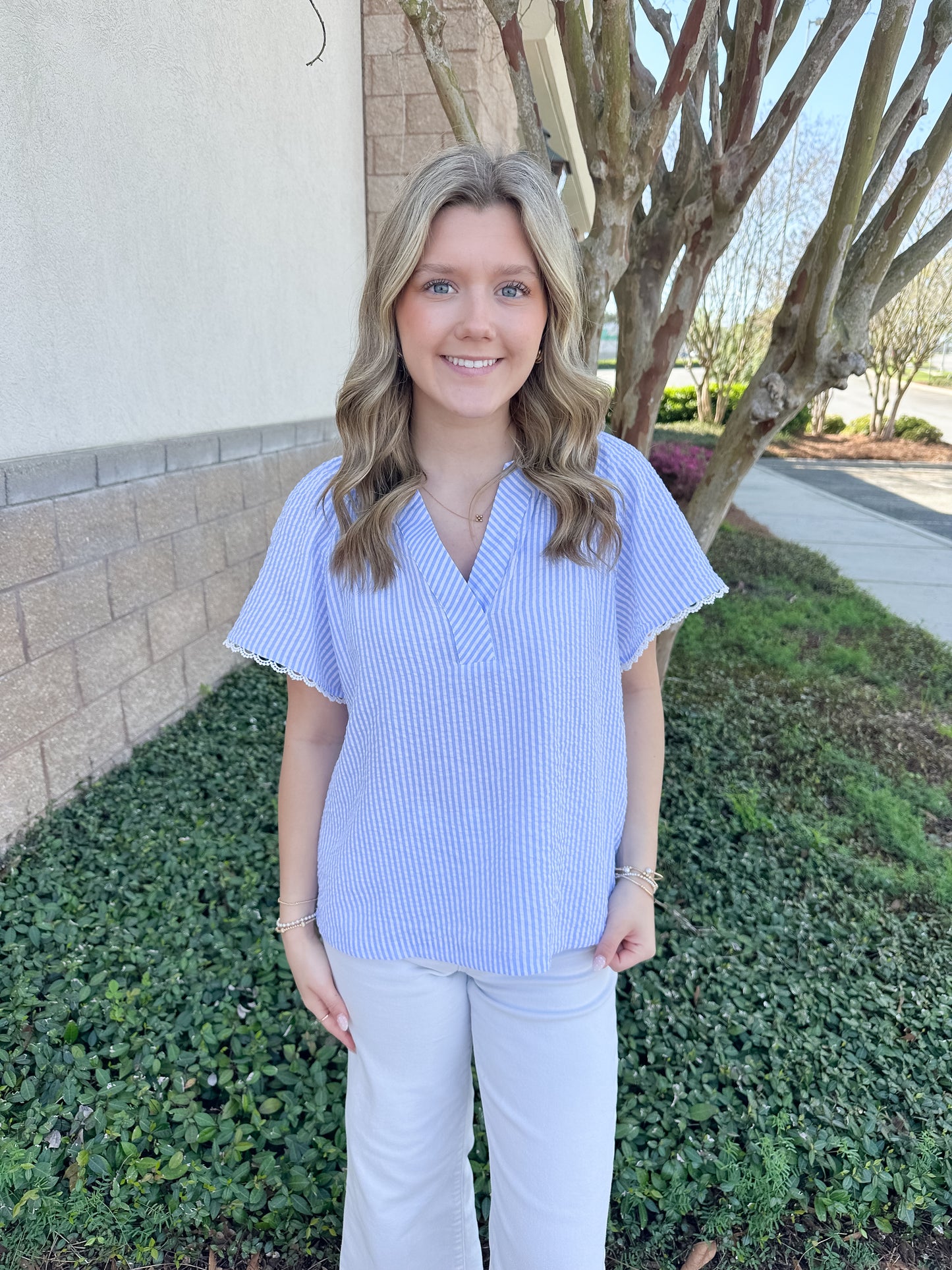 Lori Top - Blue & White Seersucker