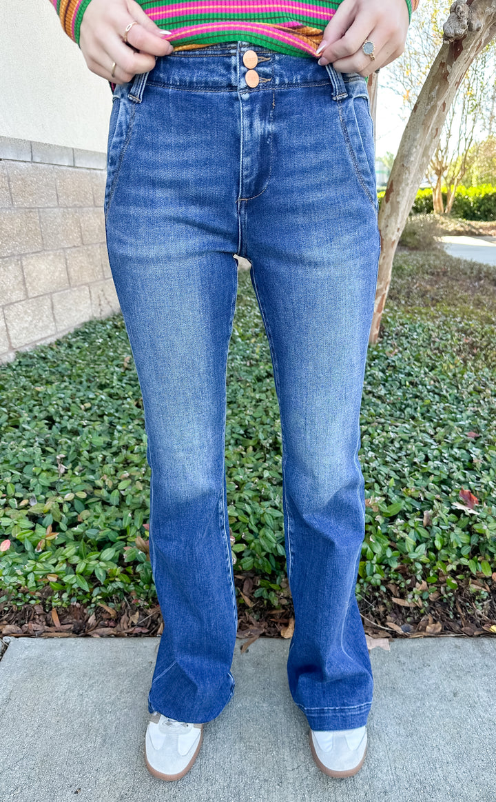 Risen Harley - High Rise Flare Double Button Jeans Dark