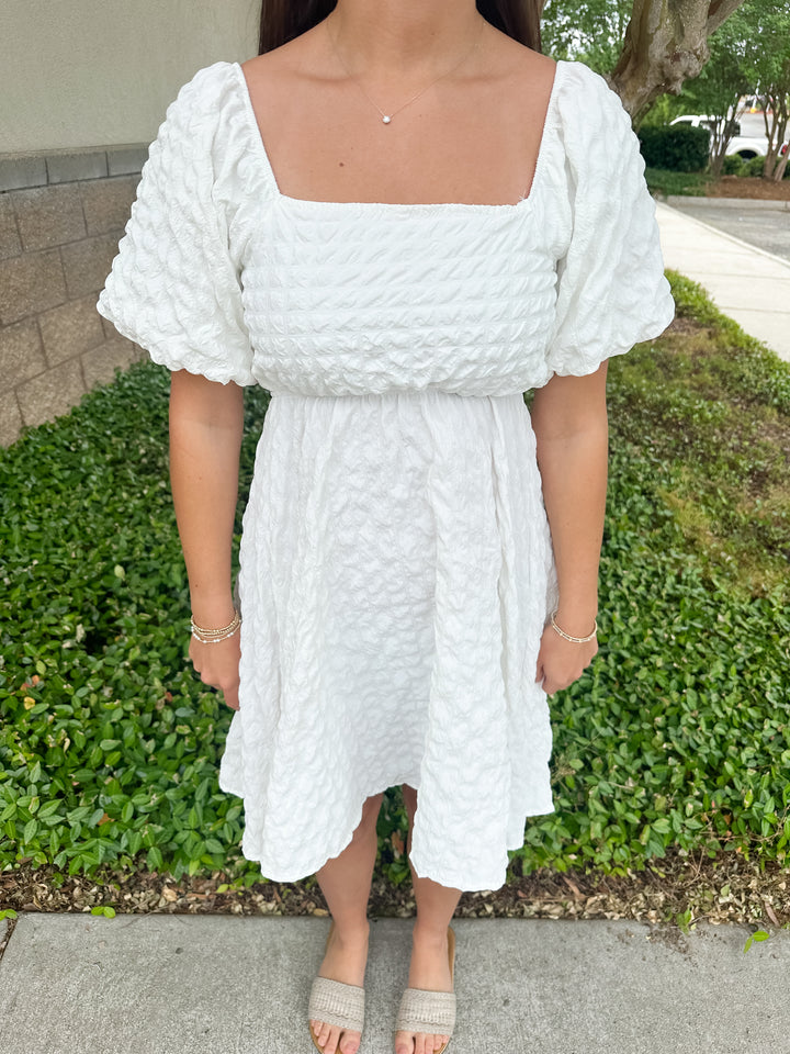 Jude Textured Puff Sleeve Mini Dress - White