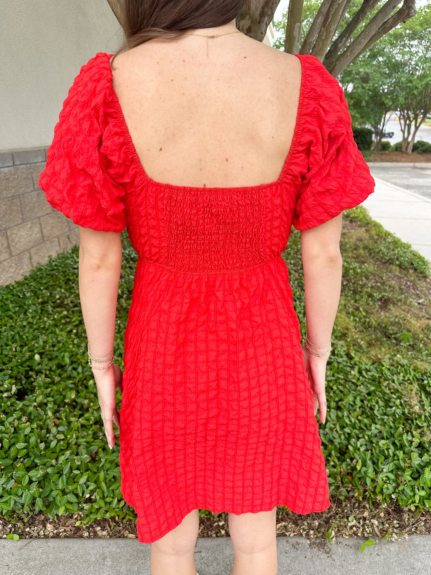 Jude Textured Puff Sleeve Mini Dress - Red