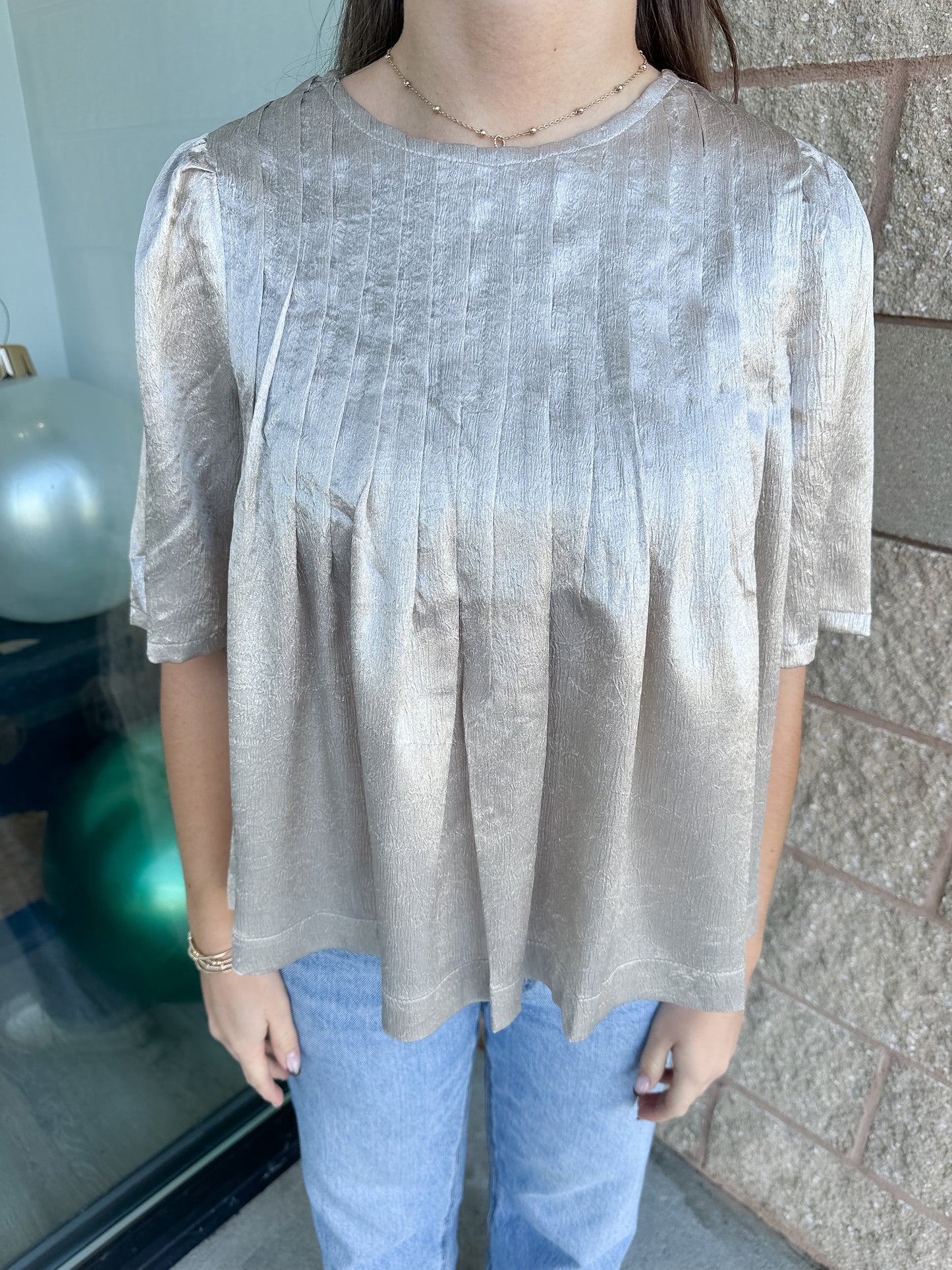 Champagne Pleated Shine Top