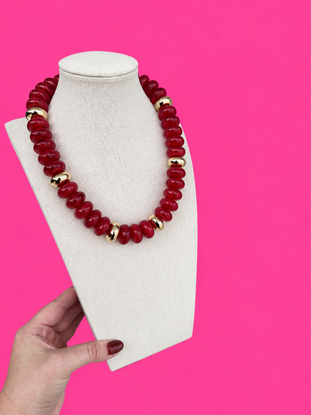 Circle with Gold Bead Necklace - Red and Gold