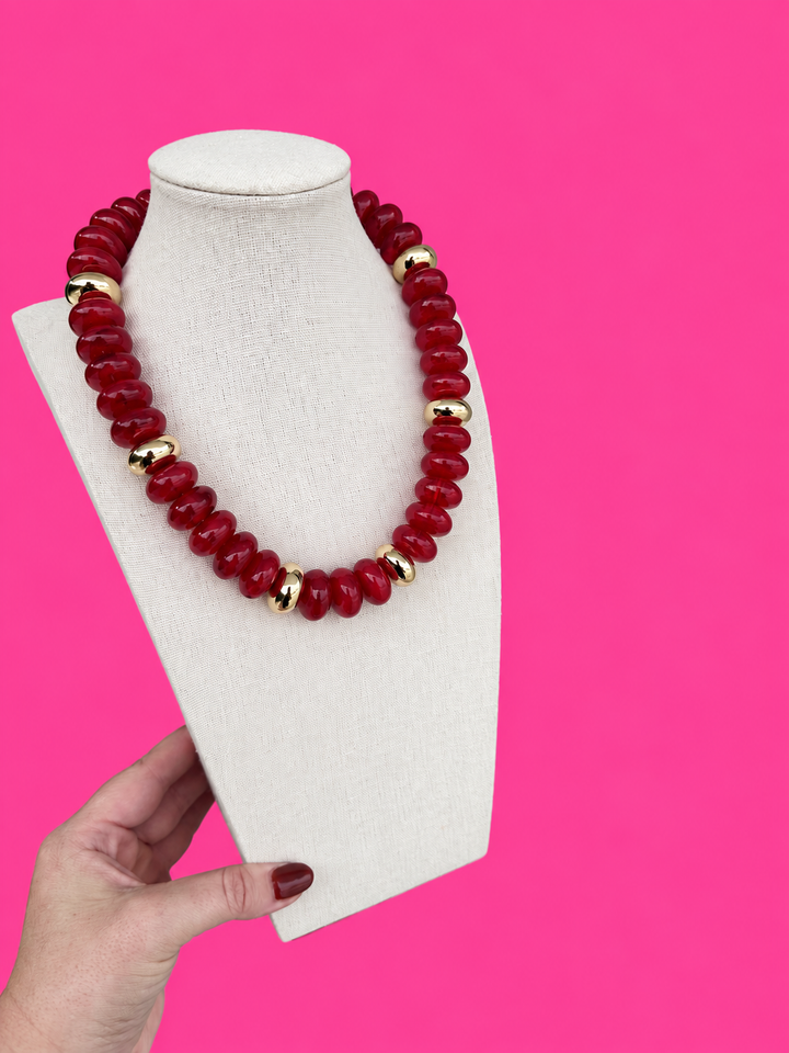 Circle with Gold Bead Necklace - Red and Gold