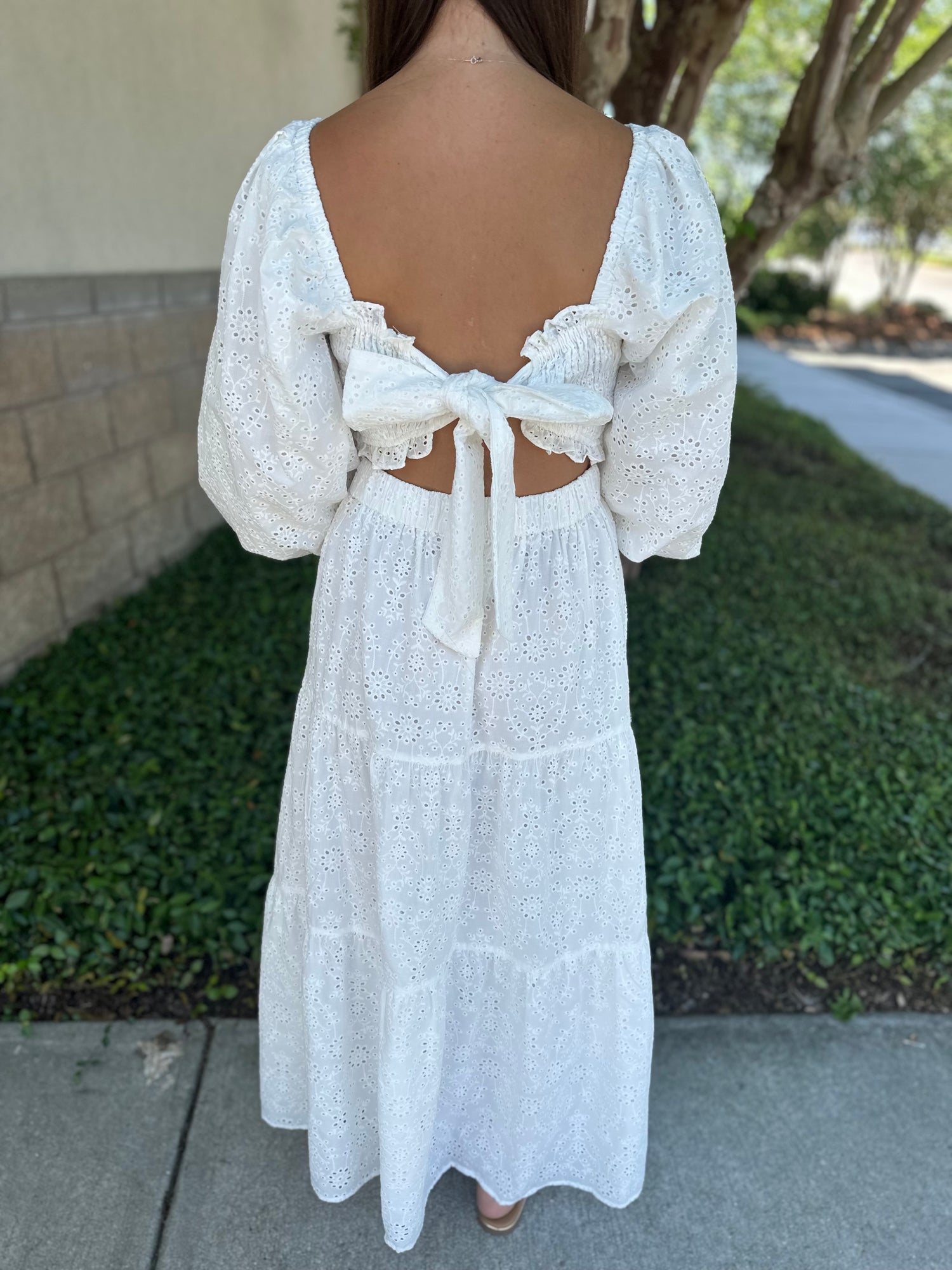 Eyelet Bow Back Smock Tier Maxi Dress Eyelet Bow Back Smock Tier Maxi Dress