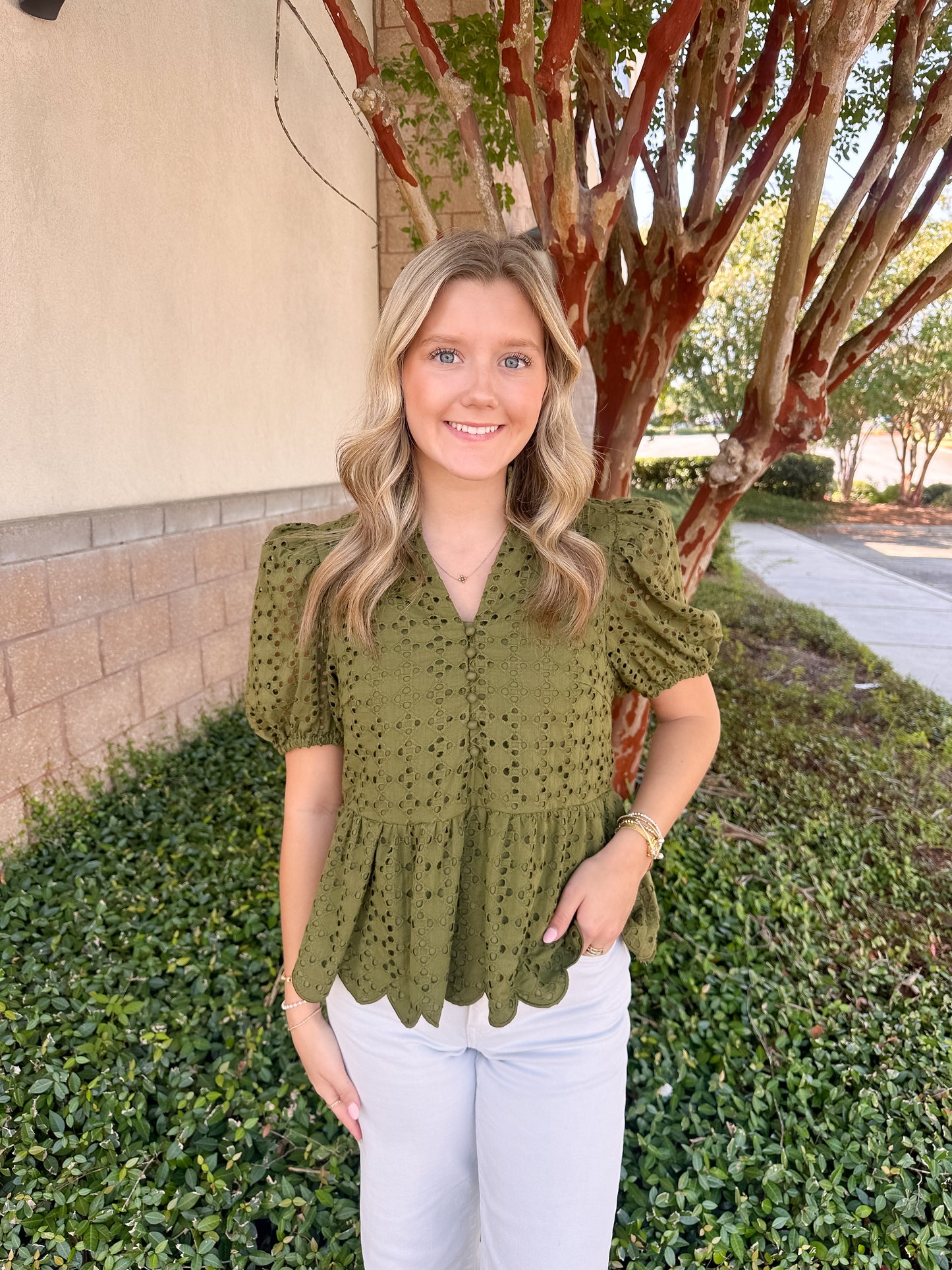 Elise Eyelet Top - Olive