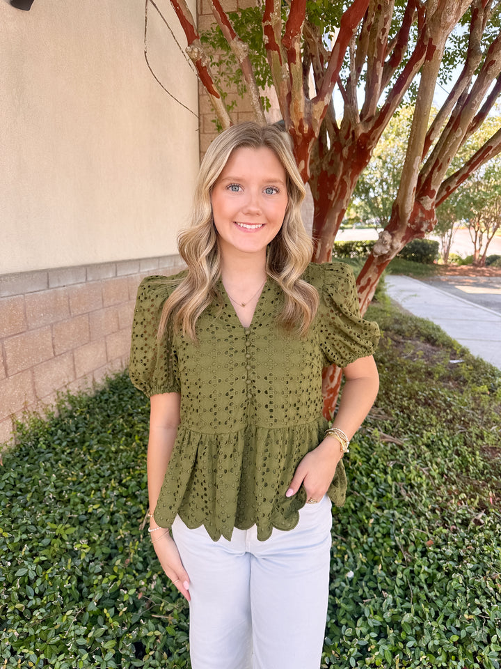 Elise Eyelet Top - Olive