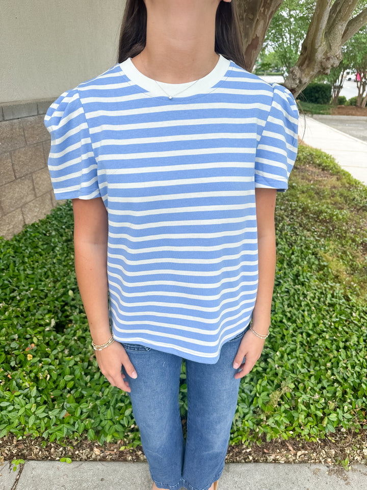 Larissa Pleat Sleeve Tee - Blue & White