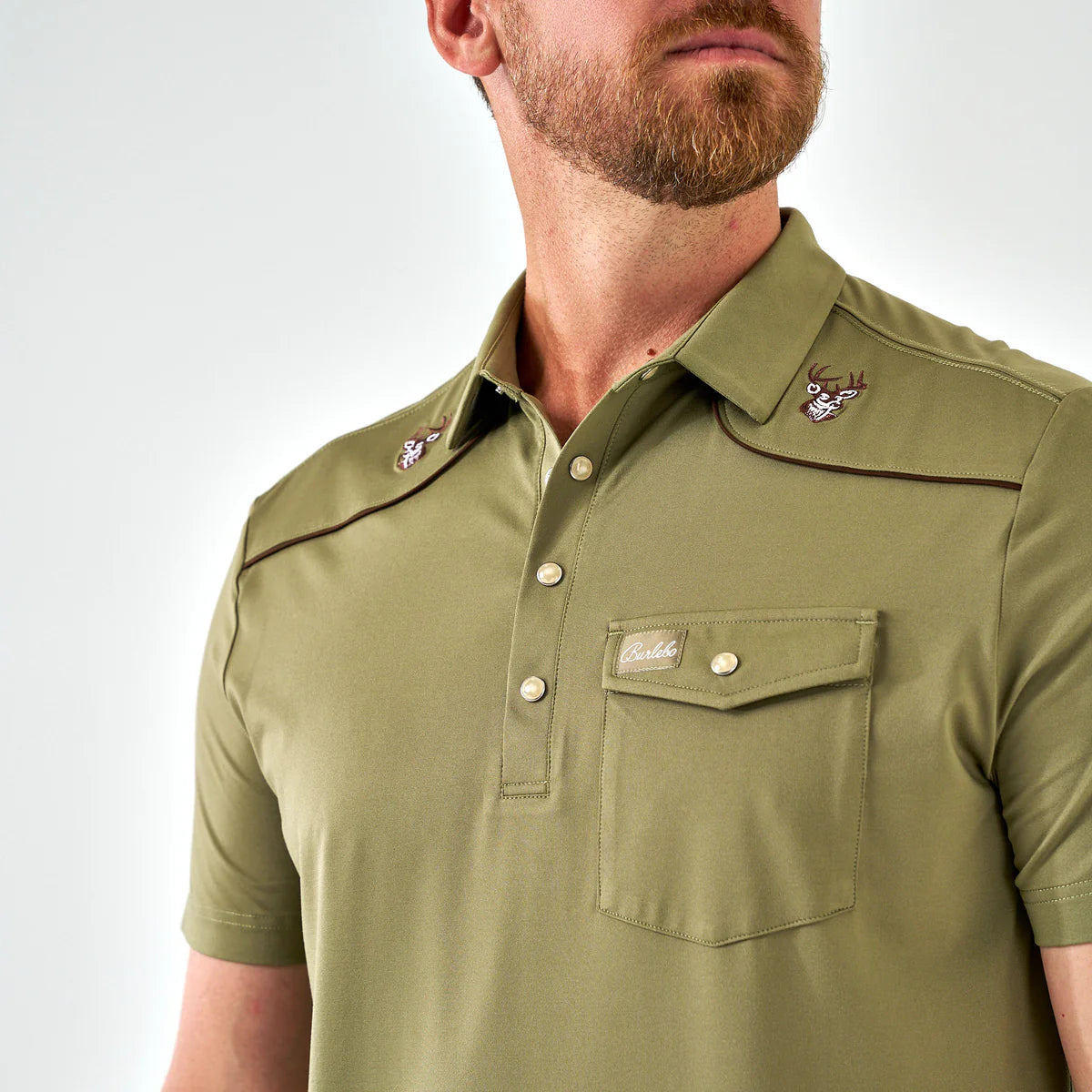 Burlebo Men’s Pearl Snap Performance Polo - Whitetail Deer Green