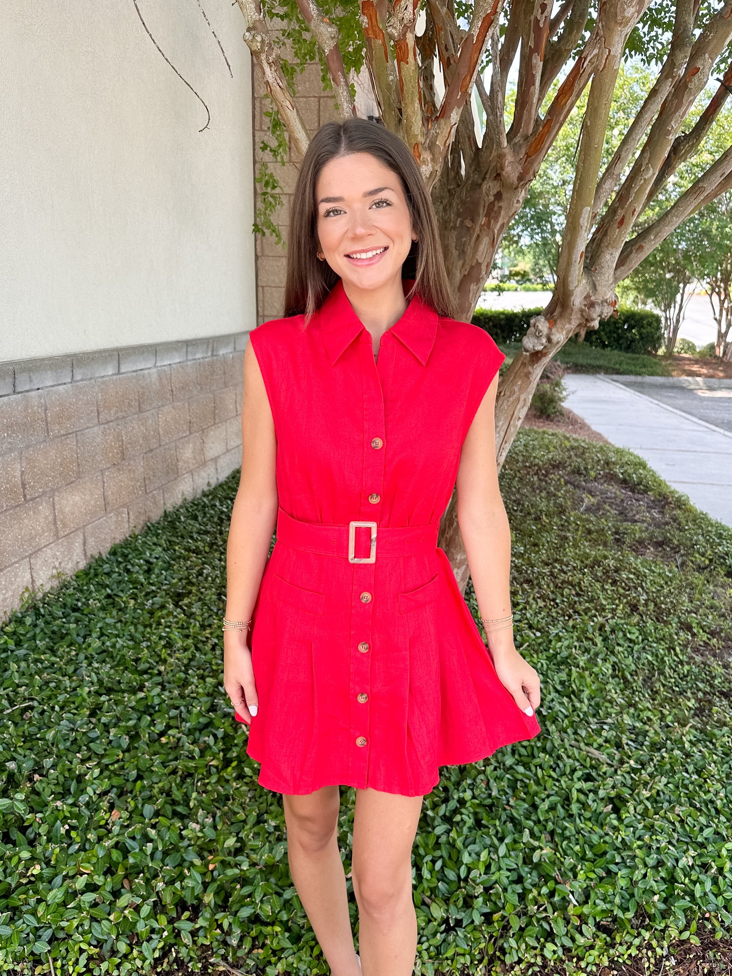 Palm Grove Linen Dress - Red