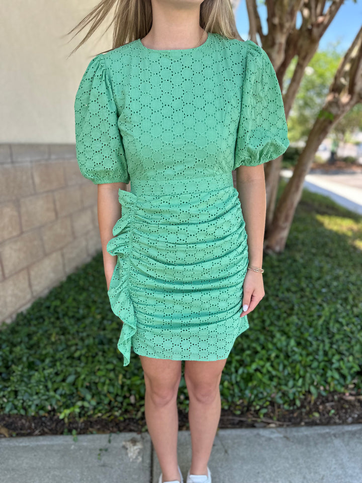Eyelet Circle Side Ruffle Dress - Green