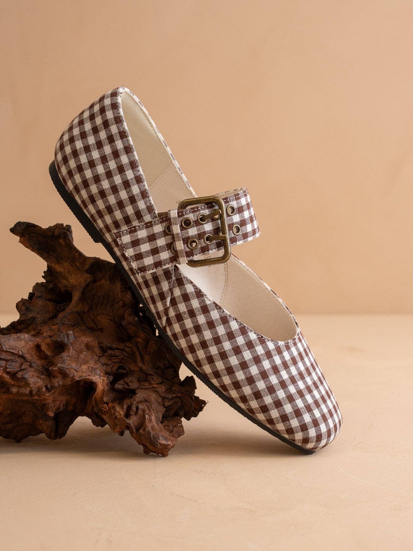 The Soho | Coffee Gingham Ballet Fall Flat Studded Buckle