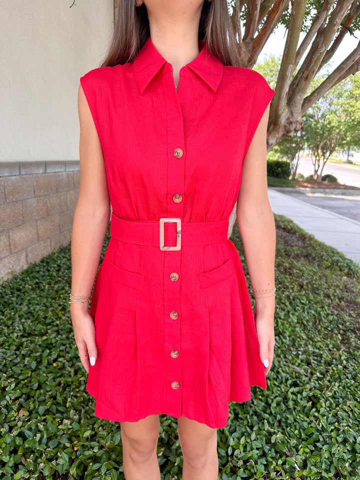 Palm Grove Linen Dress - Red