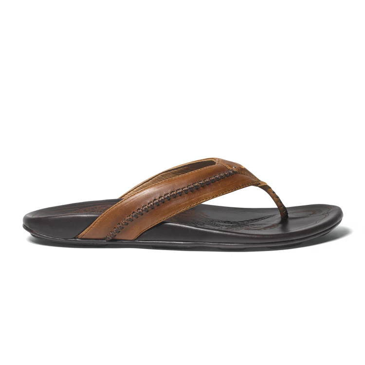 OluKai Mens Mea Ola Leather Beach Sandal - Tan|Dark Java