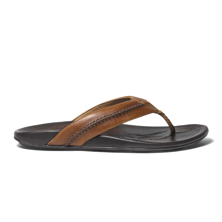 OluKai Mens Mea Ola Leather Beach Sandal - Tan|Dark Java