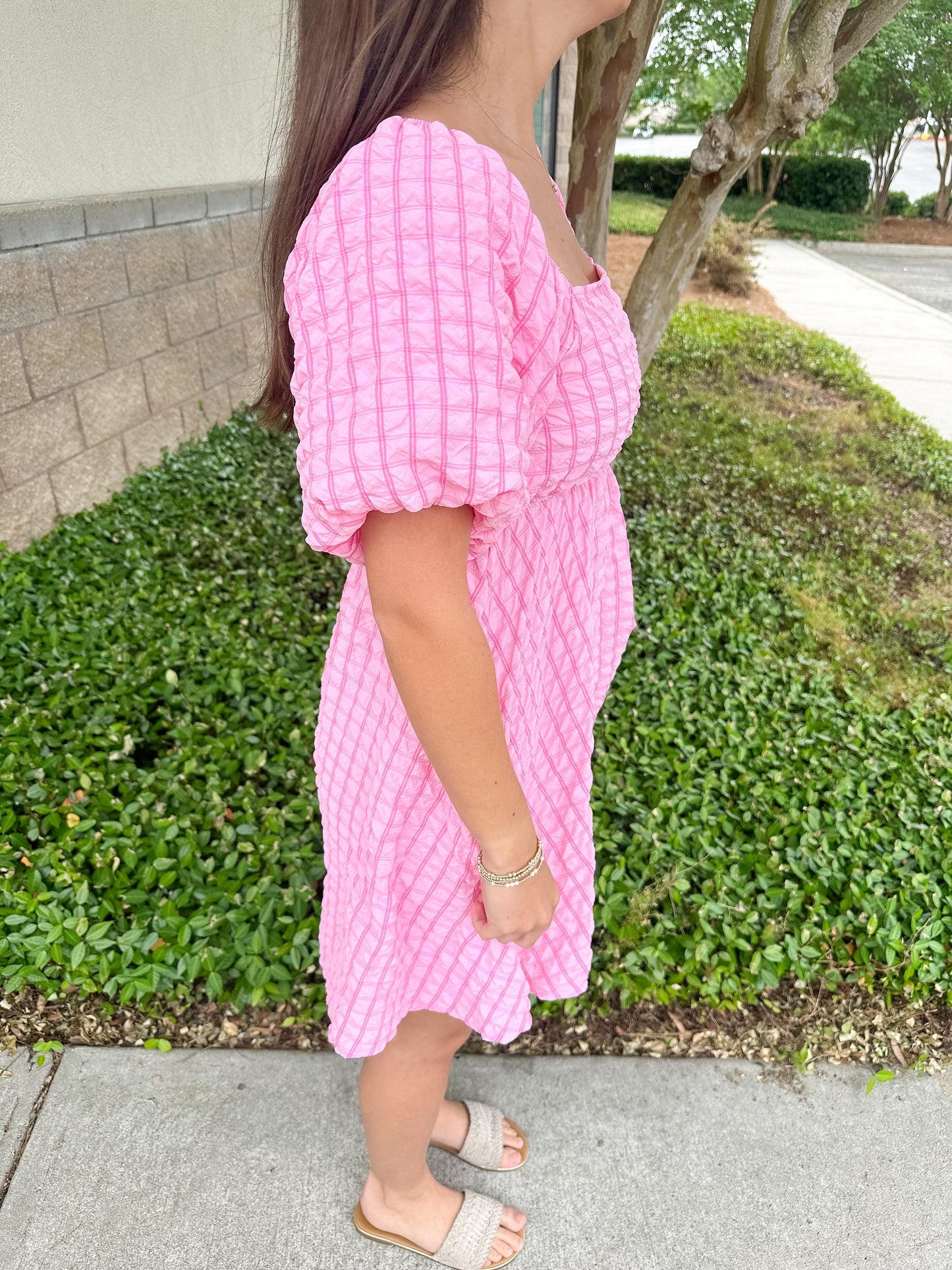Jude Textured Puff Sleeve Mini Dress - Pink