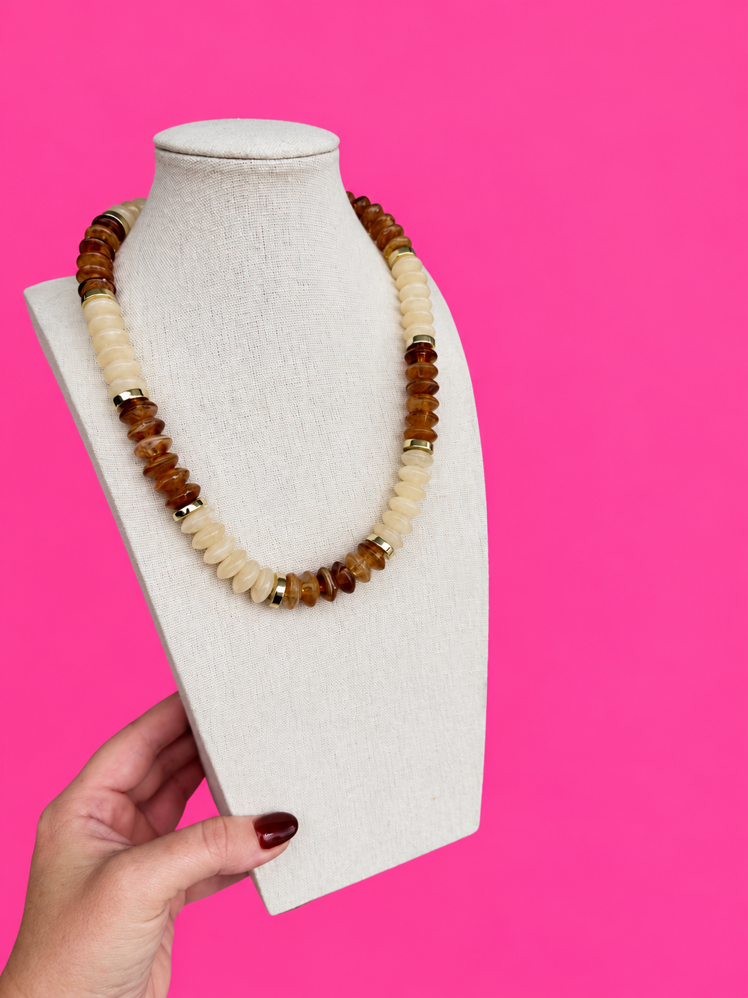 Colorful Chunky Bead with Gold Bead Necklace -Brown