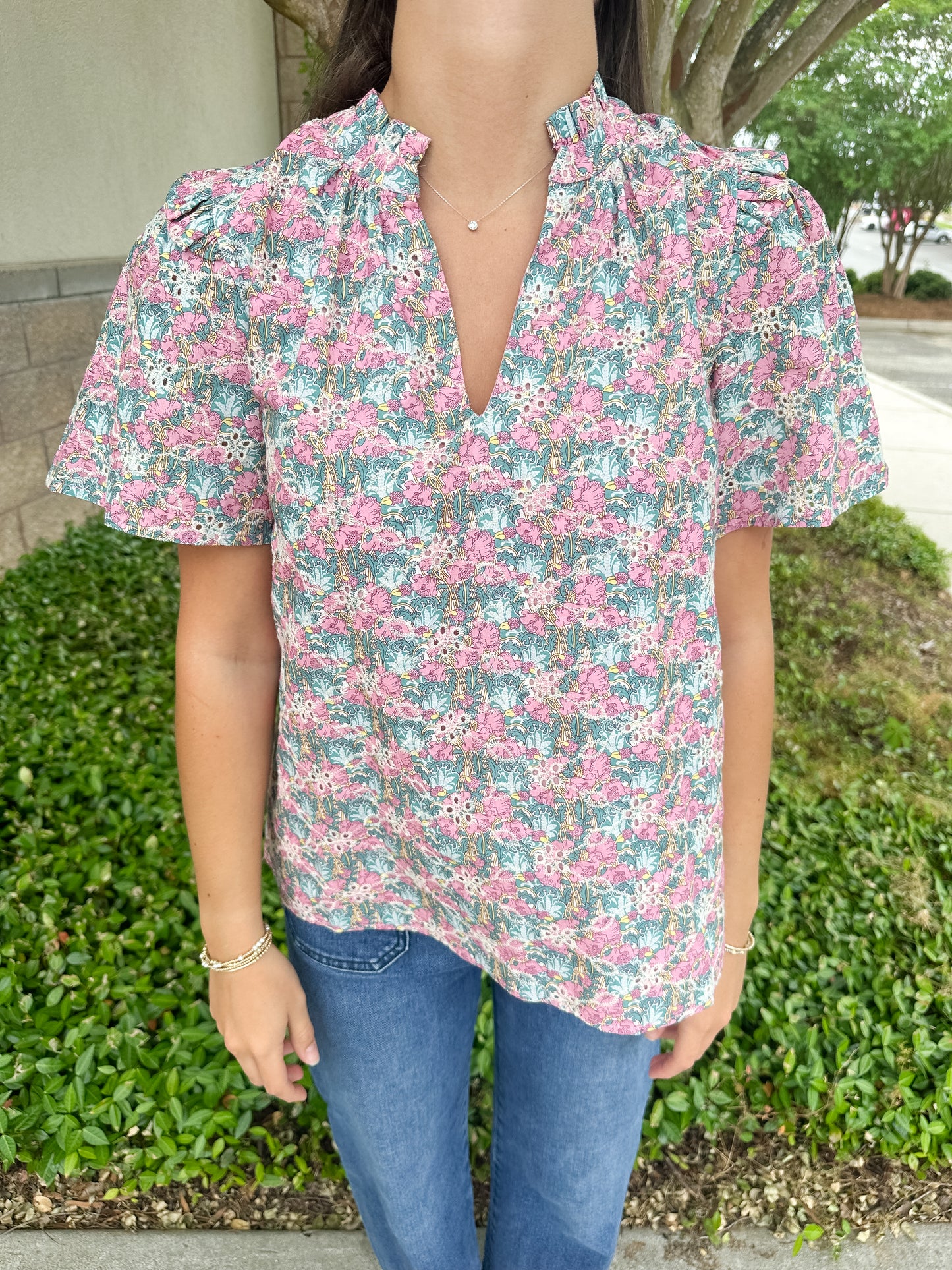 Gemalee Eyelet Mei Split Neck Top