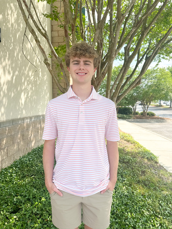 SPC Men’s Horizon Stripe Performance Polo - White/Coral